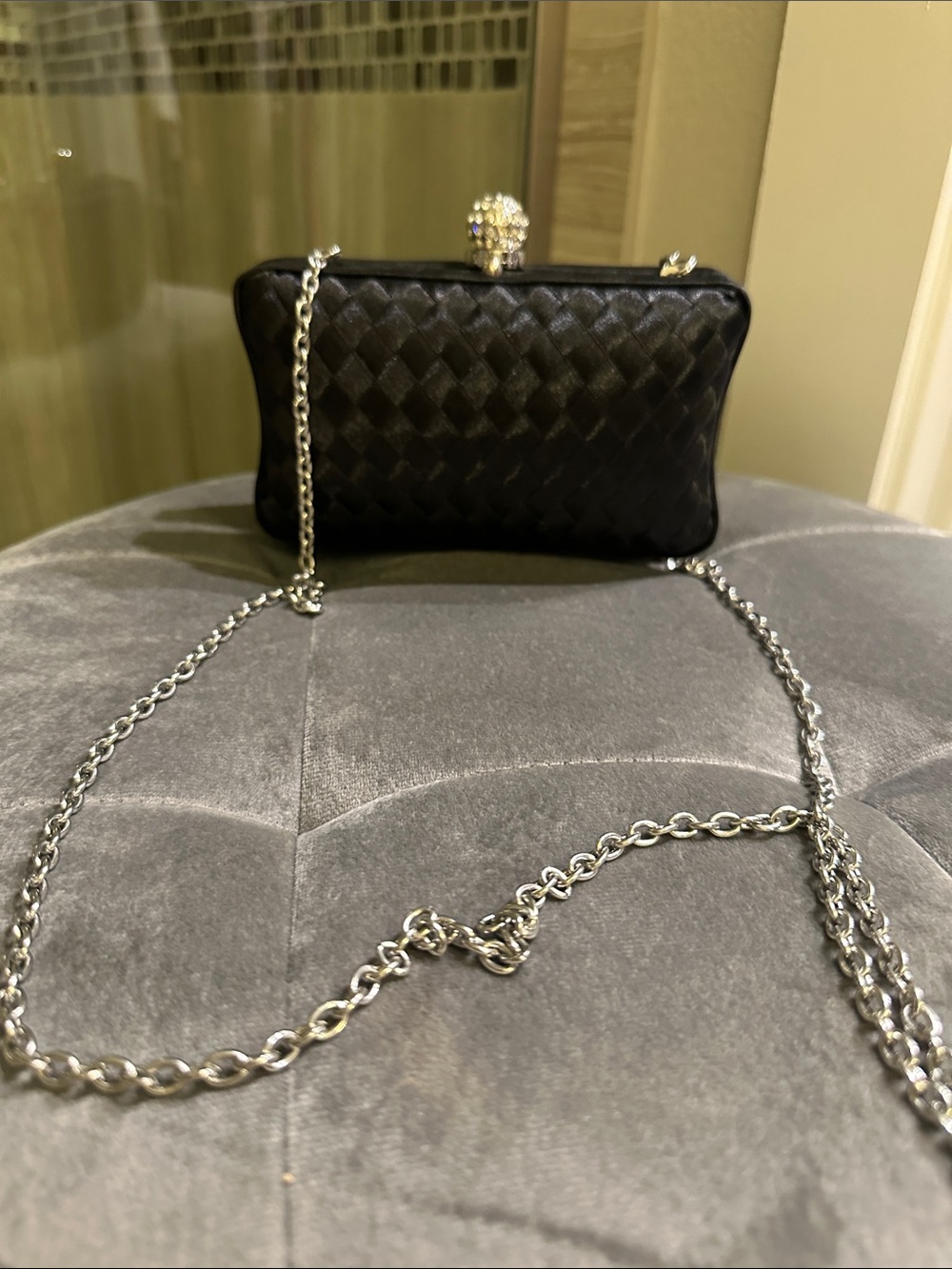 Furla Black Woven Clutch with Crystal Orb Closure